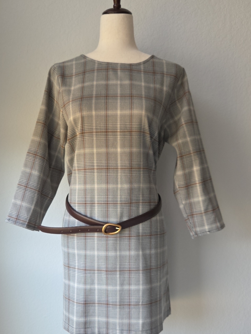 Women's Glen Check Plaid Sheath Dress in Gray and Brown Pockets Teacher Classic